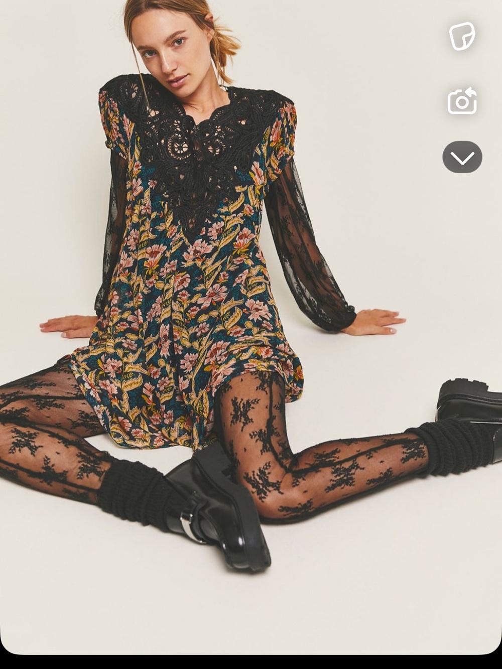 Free People Black Floral Crochet Yoke Mini Dress